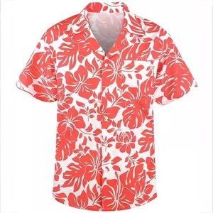Men's Hawaiian short sleeve shirt with tropical red hibiscus and leaf prints on white