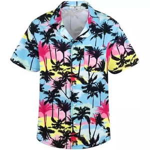 Short sleeve Hawaiian shirt for men with 3D colorful gradient and black palm tree silhouettes