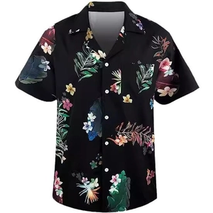 Men's black Hawaiian shirt with tropical floral hibiscus print and palm leaf patterns