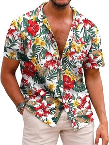 Detail of tropical floral print on Hawaiian short sleeve shirt with vibrant colors
