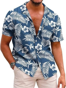Detail of navy blue tropical shirt showing palm leaf print and chest pocket texture