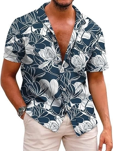 Close-up of short-sleeved Hawaiian shirt featuring white floral prints on navy blue fabric
