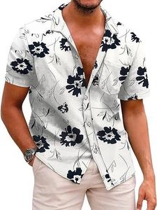 Detail of men's summer shirt featuring black floral print on white cotton-linen fabric