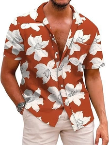 Detailed view of rust red short sleeve shirt with white floral prints and chest pocket