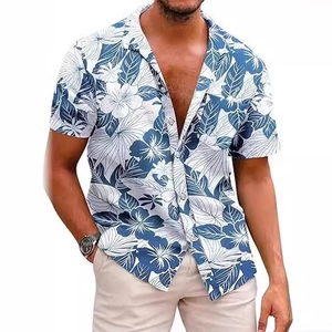Men's summer Hawaiian shirt with blue tropical palm leaf print and short sleeves