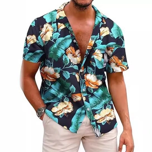 Men's Hawaiian short sleeve shirt with tropical hibiscus and palm leaf print in navy blue
