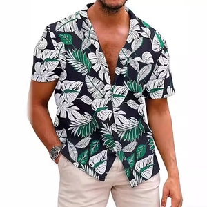 Men's Hawaiian summer shirt featuring a black base with white and green tropical leaf prints