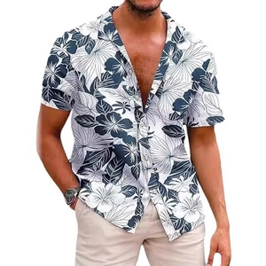 Men's 3D tropical Hawaiian shirt with blue hibiscus floral print and white cotton fabric