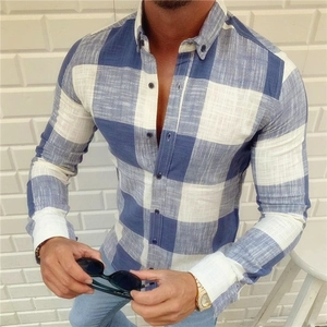 Men's slim fit long sleeve shirt featuring a classic blue and white gingham pattern