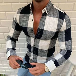 Men's slim fit long sleeve shirt featuring black and white oversized plaid pattern