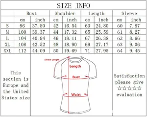 Men's polo shirt size chart with S-XXL measurements for bust, shoulder, and length