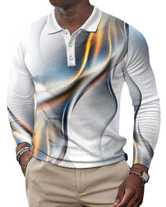 Detail of the 3D abstract wave print and collar buttons on a white long-sleeve Polo shirt