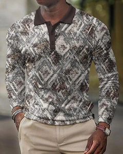 Detail of men's polo shirt with 3D geometric diamond print and contrast collar