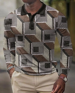 Detail of long-sleeved polo shirt with vintage 3D geometric patterns and black collar