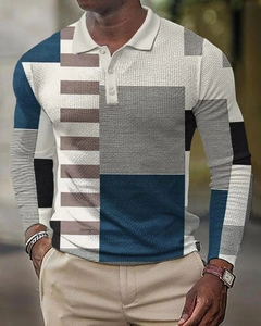 Detail of waffle-knit 3D geometric patchwork polo shirt with three-button collar