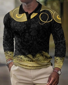 Detail of men's long sleeve polo shirt with gold dragon print and black collar