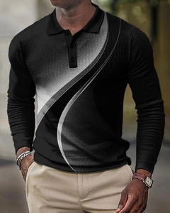 Detail of waffle knit fabric and 3D geometric print on black long sleeve polo shirt