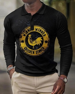 Detailed close-up of men's black waffle fabric polo shirt with vintage winner graphic print