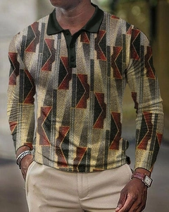 Close-up of men's long sleeve polo shirt featuring 3D geometric patterns and textured print