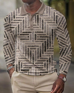 Detail of 3D geometric abstract pattern on long sleeve polo shirt with khaki collar