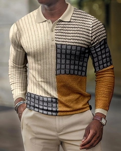 Detail of color-block knit polo shirt featuring vertical beige stripes and charcoal textures