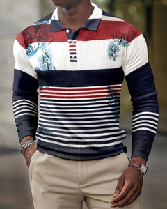 Close-up of men's polo shirt featuring paisley prints and textured knit fabric details