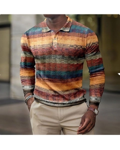 Detailed close-up of long-sleeved polo shirt featuring colorful horizontal 3D print stripes