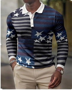 Close-up of polo shirt showing the breathable mesh fabric texture and American flag pattern