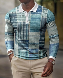 Detail of blue and grey checkered 3D print polo shirt with white contrast collar