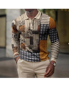 Detail of 3D mixed animal prints and geometric patterns on a long-sleeve polo shirt