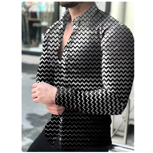 Men's long sleeve shirt with 3D wave geometric pattern and silver metallic finish