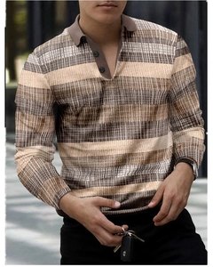 Detail of men's polo shirt featuring geometric 3D stripe patterns and brown contrast collar