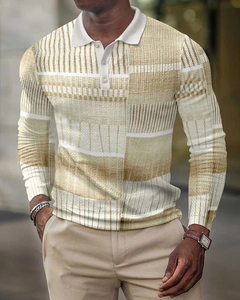 Close-up of beige 3D printed polo shirt showing knit texture and white contrast collar