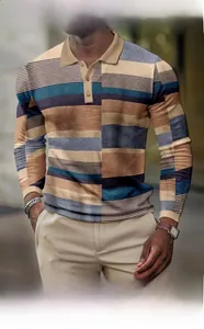 Detail of waffle textured long sleeve polo shirt with retro multi-color stripes