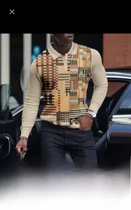 Detail of men's long-sleeve polo shirt featuring geometric 3D pattern and waffle texture