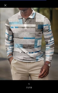 Detailed view of long sleeve polo shirt with waffle texture and geometric print pattern