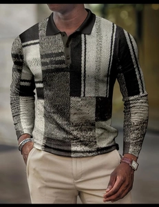 Detail of men's polo shirt featuring 3D textured plaid knit and classic black collar