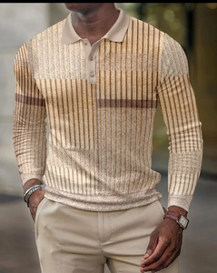Close-up of men's polo shirt featuring 3D vertical stripes and a classic buttoned lapel