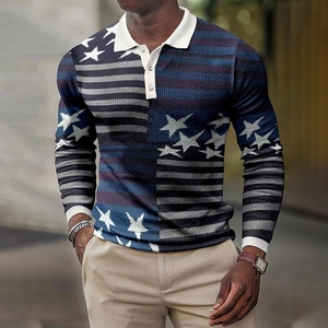 Men's slim long sleeve polo shirt featuring 3D American flag star and stripe print