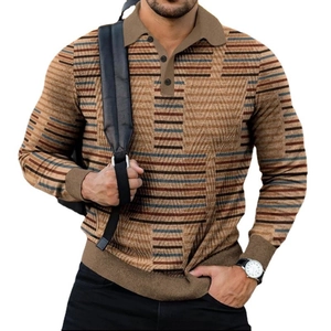 Men's long-sleeve polo shirt with 3D textured stripes and brown color blocking design