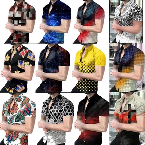 Collage of 12 men's short sleeve shirts with diverse 3D digital printed patterns
