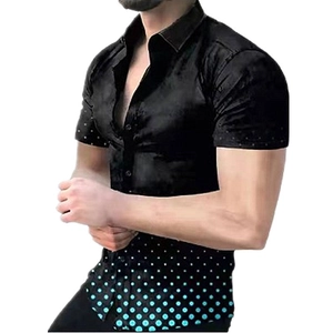 Detail of teal gradient polka dot pattern on black slim-fit shirt with slight gloss finish