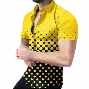 Close-up of contrast yellow and black dot gradient print on men shirt fabric