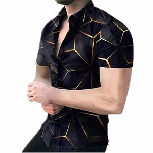 Men's short sleeve black slim fit shirt featuring golden 3D hexagonal patterns and lapel