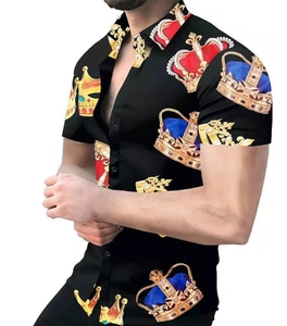 Close-up of colorful crown pattern digital print on black short sleeve shirt fabric