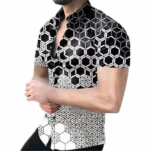 Detail of classic collar and 3D geometric black and white grid print on men's short sleeve shirt