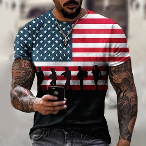 Men's 3D US flag T-shirt with military tactical soldier silhouette prints and blue stars