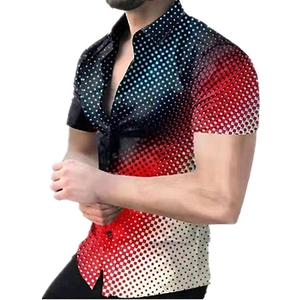 Detail of short-sleeve shirt with 3D gradient dots from black to red and light blue