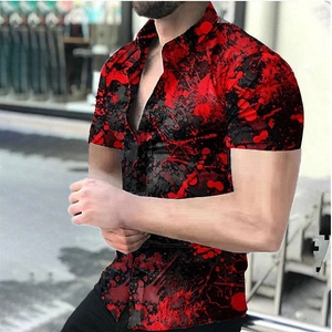 Side view of men's short-sleeve shirt with red and black splash ink graffiti print