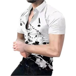 Detail of poker card patterns and black and white color block on a men's shirt